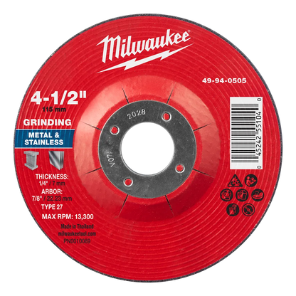 Milwaukee 4-1/2" x 1/4" x 7/8" Metal Grinding Wheel - Type 27 49-94-0505