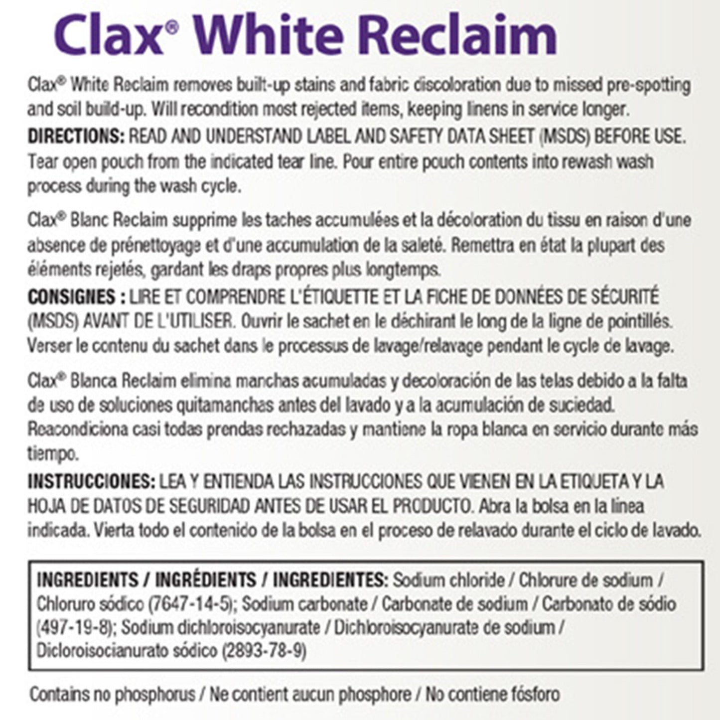 Diversey Clax White Reclaim Laundry Stain Remover 1 lb. Bag Powder Chlorine Scent