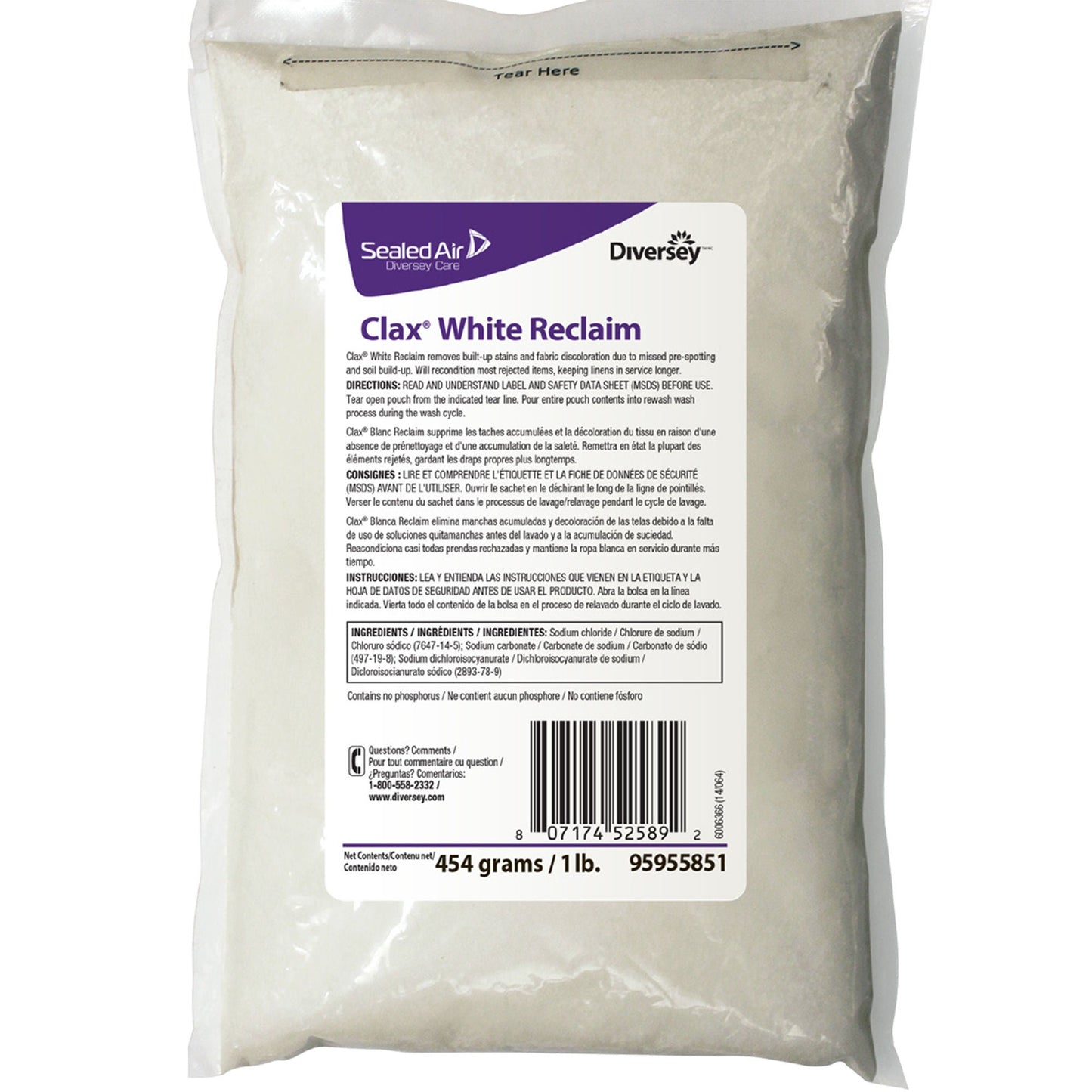 Diversey Clax White Reclaim Laundry Stain Remover 1 lb. Bag Powder Chlorine Scent