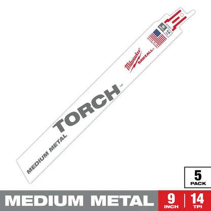 Milwaukee 9" 14 TPI TORCH SAWZALL Blade for Medium Metal (5 PK) 48-00-5787 | 9 in Blade Length, 5-Piece