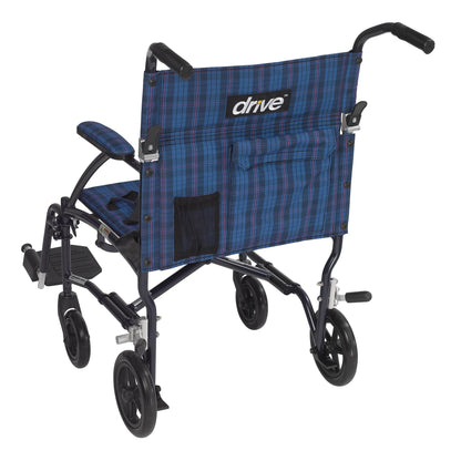 drive™ Fly-Lite Ultra Transport Wheelchair, Blue Frame w/ Plaid Upholstery