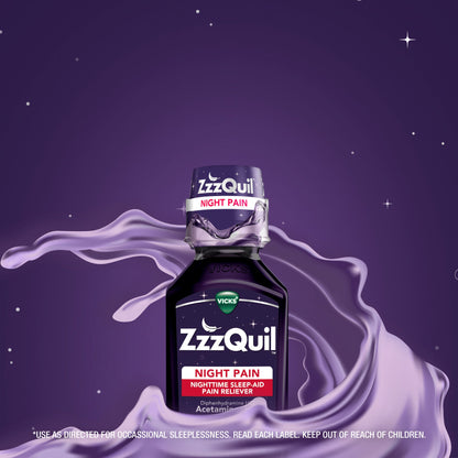 ZzzQuil Night Pain Nighttime Sleep-Aid Pain Reliever Liquid, Midnight Berry