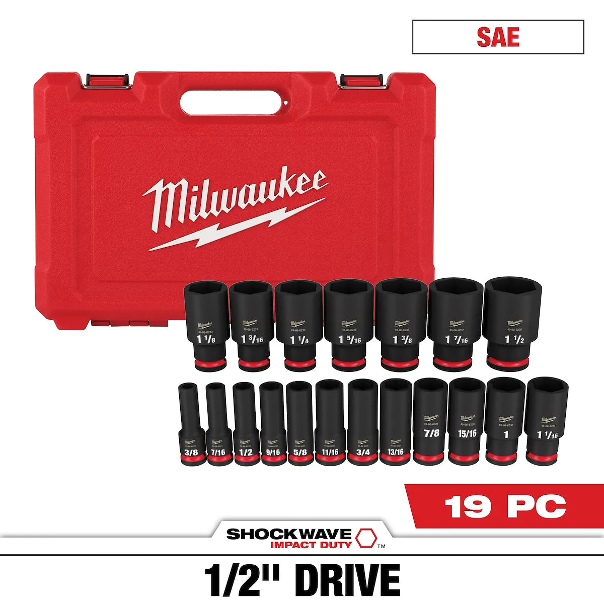 Milwaukee 19PC SHOCKWAVE Impact Duty 1/2" Drive SAE Deep 6 Point Socket Set 49-66-7012 | 1/2 in Drive, 19-Piece
