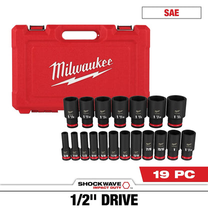 Milwaukee 19PC SHOCKWAVE Impact Duty 1/2" Drive SAE Deep 6 Point Socket Set 49-66-7012 | 1/2 in Drive, 19-Piece