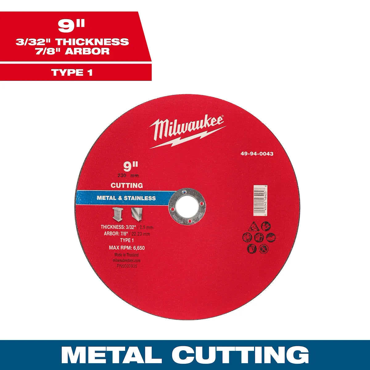 Milwaukee 9" x 3/32" x 7/8" Metal Cut Off Wheel -Type 1 49-94-0043