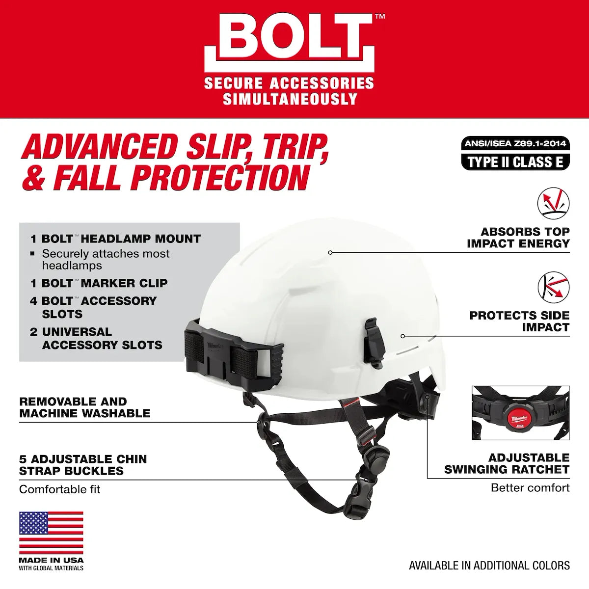 Milwaukee BOLT Red Safety Helmet with IMPACT ARMOR Liner (USA) - Type 2, Class E 48-73-1351 | 3-Piece, Molded Plastic