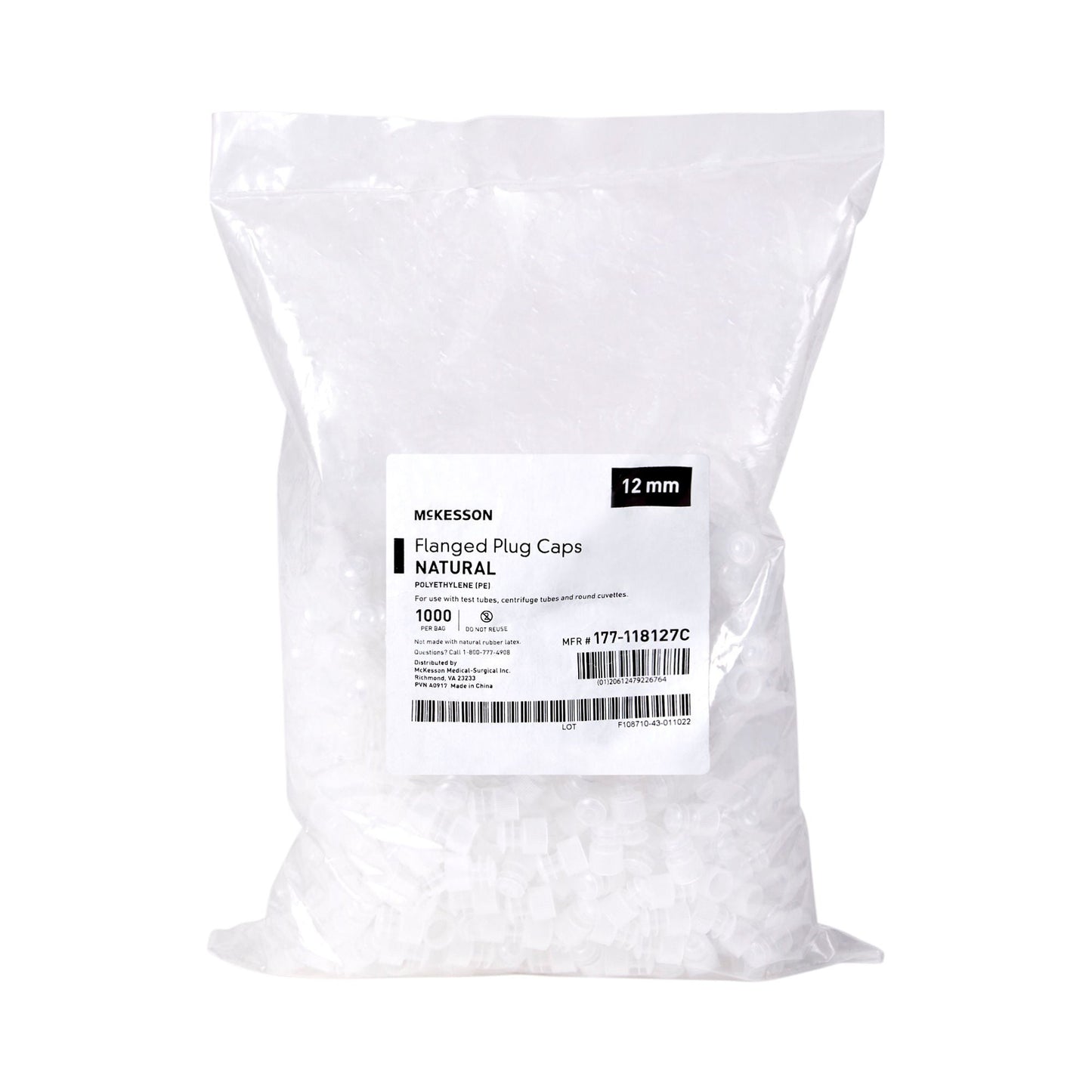 McKesson Flanged Plug Cap, Colorless, Polyethylene, for 12 mm Tubes