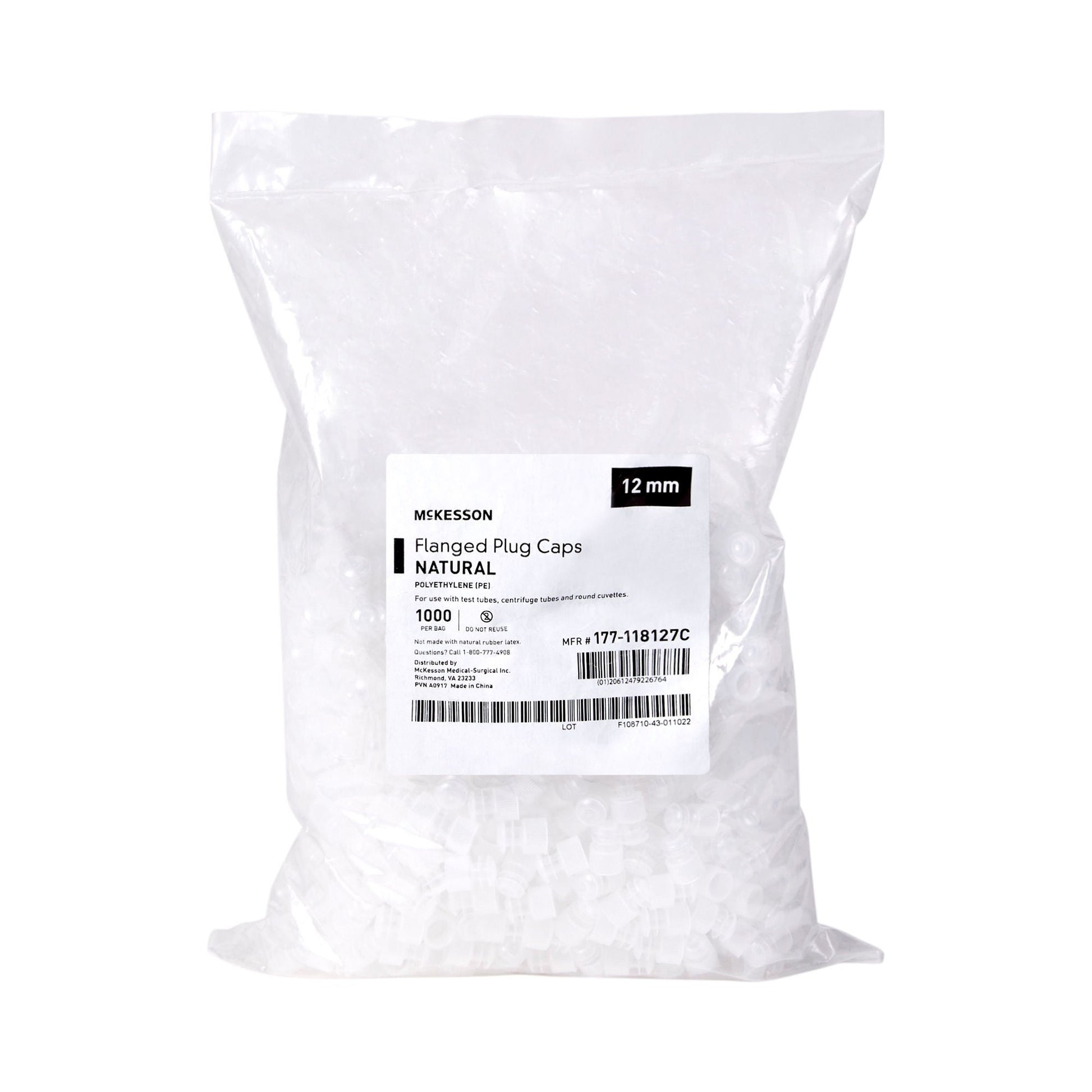 McKesson Flanged Plug Cap, Colorless, Polyethylene, for 12 mm Tubes