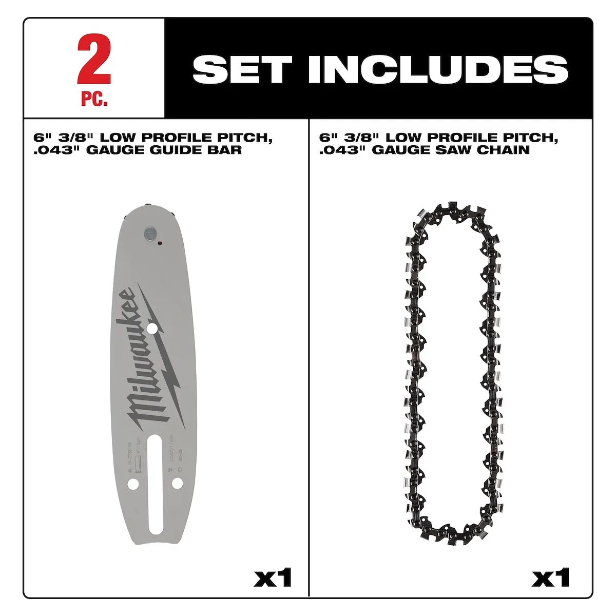 Milwaukee 6" 3/8" LOW PROFILE Pitch, .043" Gauge Saw Chain and Guide Bar Set 49-16-2843