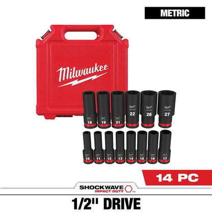 Milwaukee 14PC SHOCKWAVE Impact Duty 1/2" Drive Metric Deep 6 Point Socket Set 49-66-6288