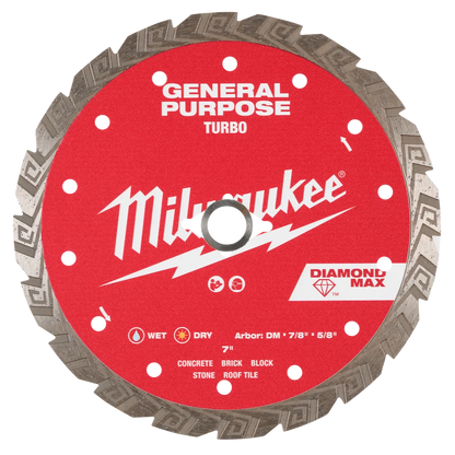 Milwaukee 7" DIAMOND MAX Turbo, General Purpose Diamond Blade 49-93-9107 | Diamond Coated
