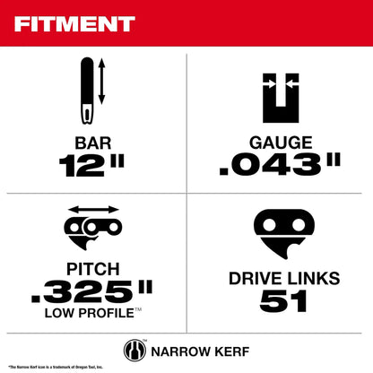 Milwaukee 12" .325" LOW PROFILE Pitch, .043" Gauge Saw Chain and Guide Bar Set 49-16-2846