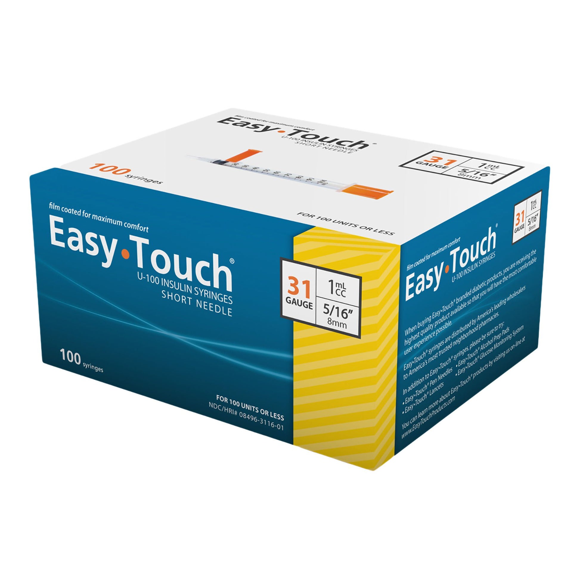 EasyTouch Standard Insulin Syringe with Needle 5/16 Inch 31 Gauge NonSafety Thin Wall