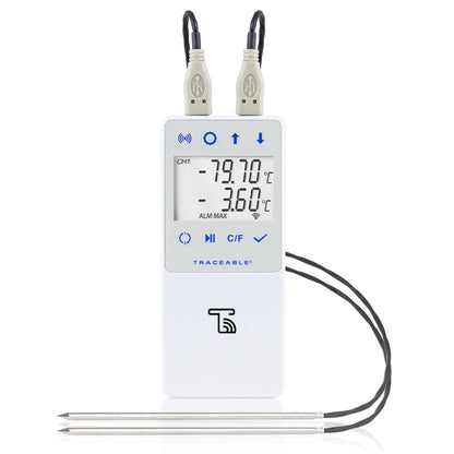TraceableLIVE Ultra-Low Temperature Data Logger with Alarm Fahrenheit / Celsius -130° to +221°F (-90° to +105°C) 2 Stainless Steel Probes Multiple Mounting Options Battery Operated