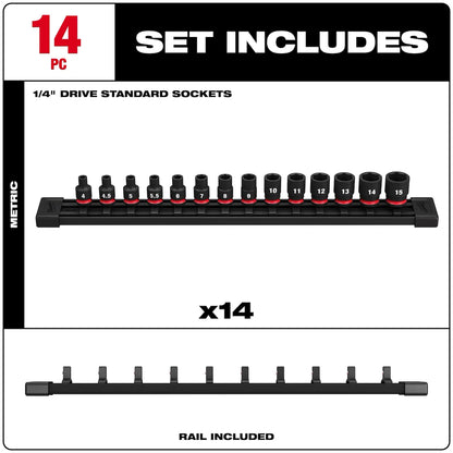 Milwaukee 14PC SHOCKWAVE Impact Duty Metric Standard 6 Point Socket Set 49-66-7002 | 1/4 in Drive, 14-Piece