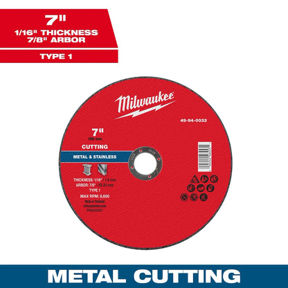 Milwaukee 7" x 1/16" x 7/8" Metal Cut Off Wheel -Type 1 49-94-0033