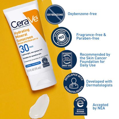 CeraVe® Hydrating Mineral Sunscreen for Face, SPF 50, Tube