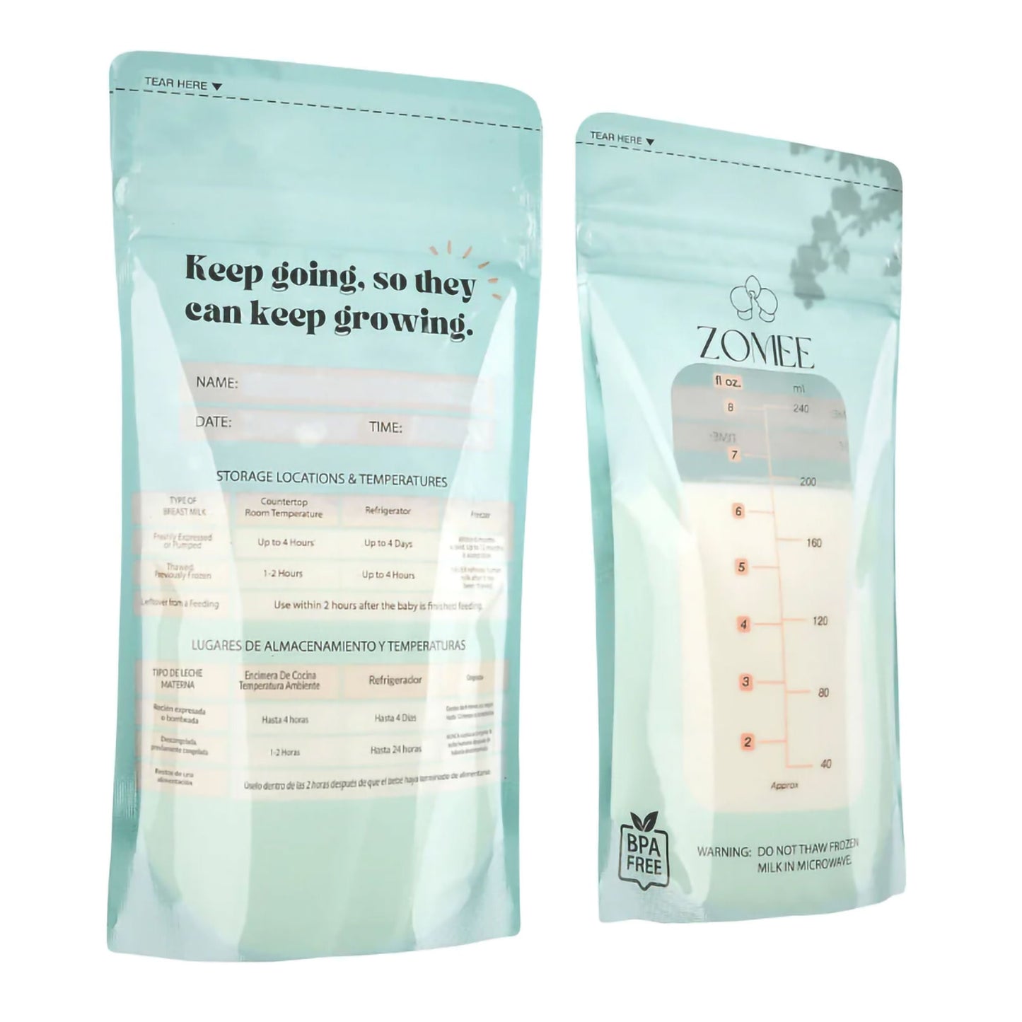 Zomee Breast Milk Storage Bag Food Grade Plastic Clear / Green