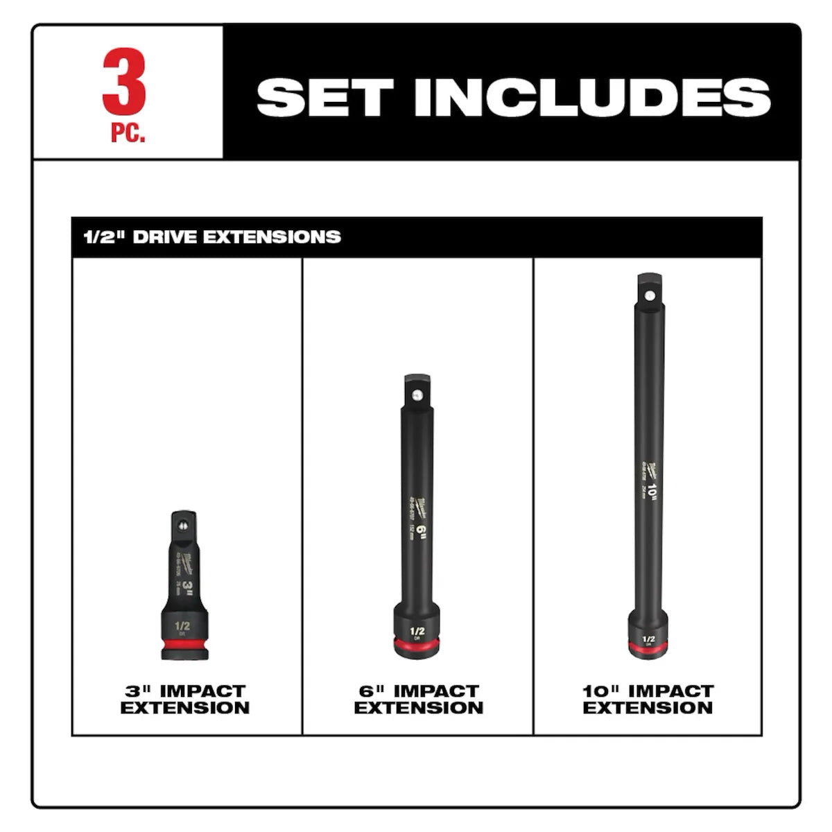 Milwaukee 3PC SHOCKWAVE Impact Duty 1/2"Drive Extension Set 49-66-6715 | 1/2 in Drive, 3-Piece