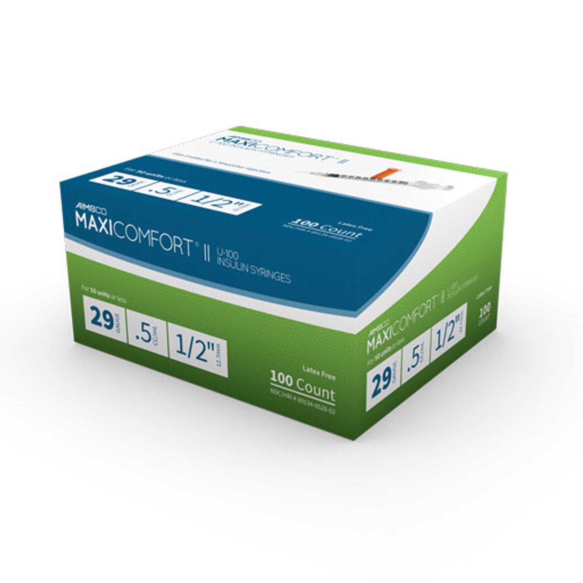 MaxiComfort® II Standard Insulin Syringe with Needle, 29 Gauge, 1/2 Inch