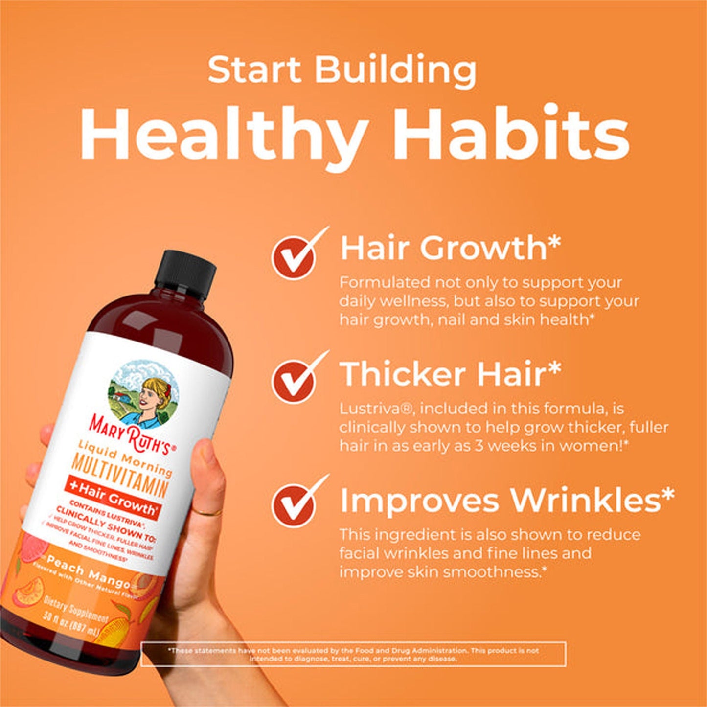 Mary Ruth's Liquid Morning Multivitamin + Hair Growth Multivitamin Supplement Vitamin A / C / D / E 1,010 mcg - 90 mg - 20 mcg - 18 mg Strength Liquid Peach Mango Flavor