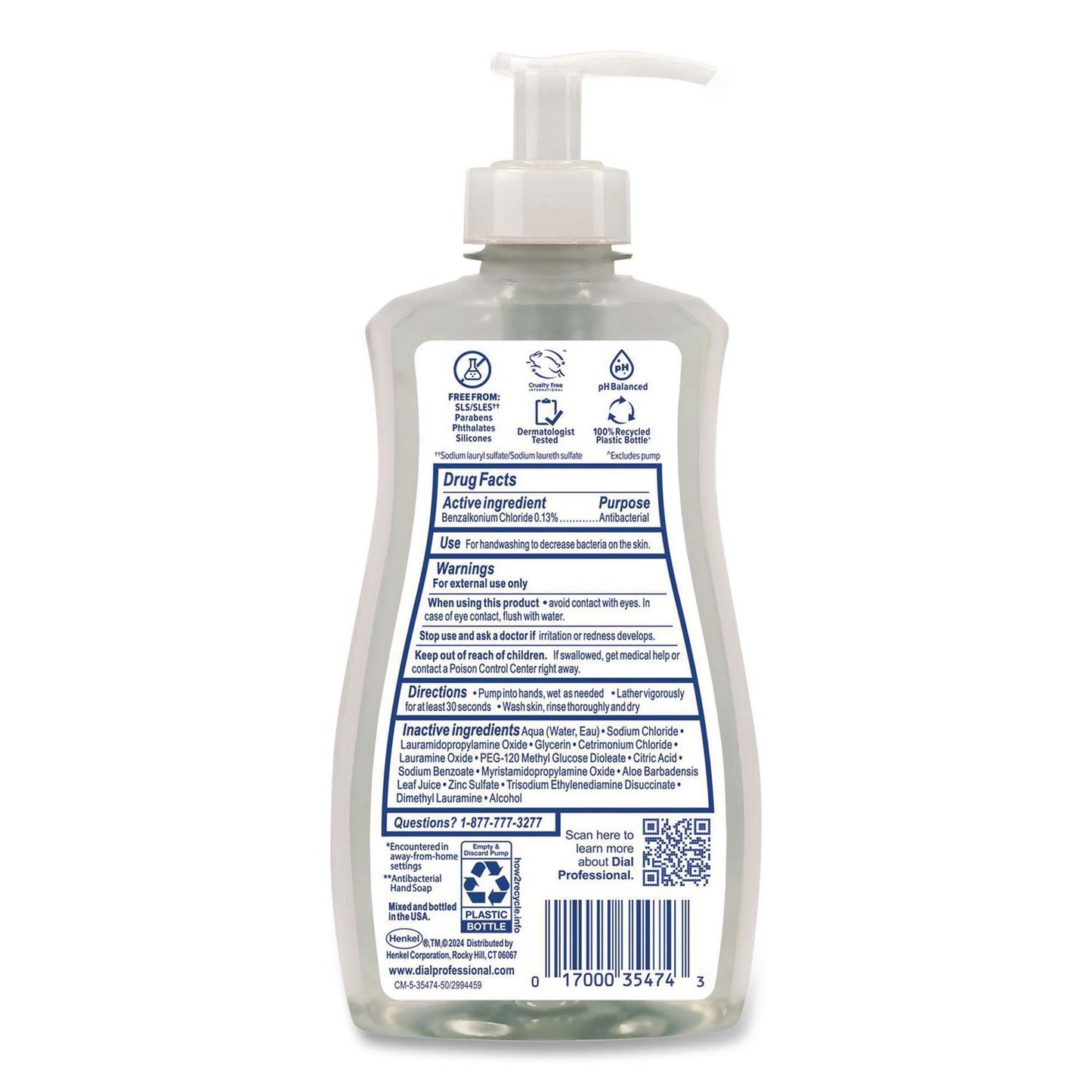 Dial Professional Antibacterial & Sensitive + Aloe Antibacterial Soap Liquid Pump Bottle Unscented