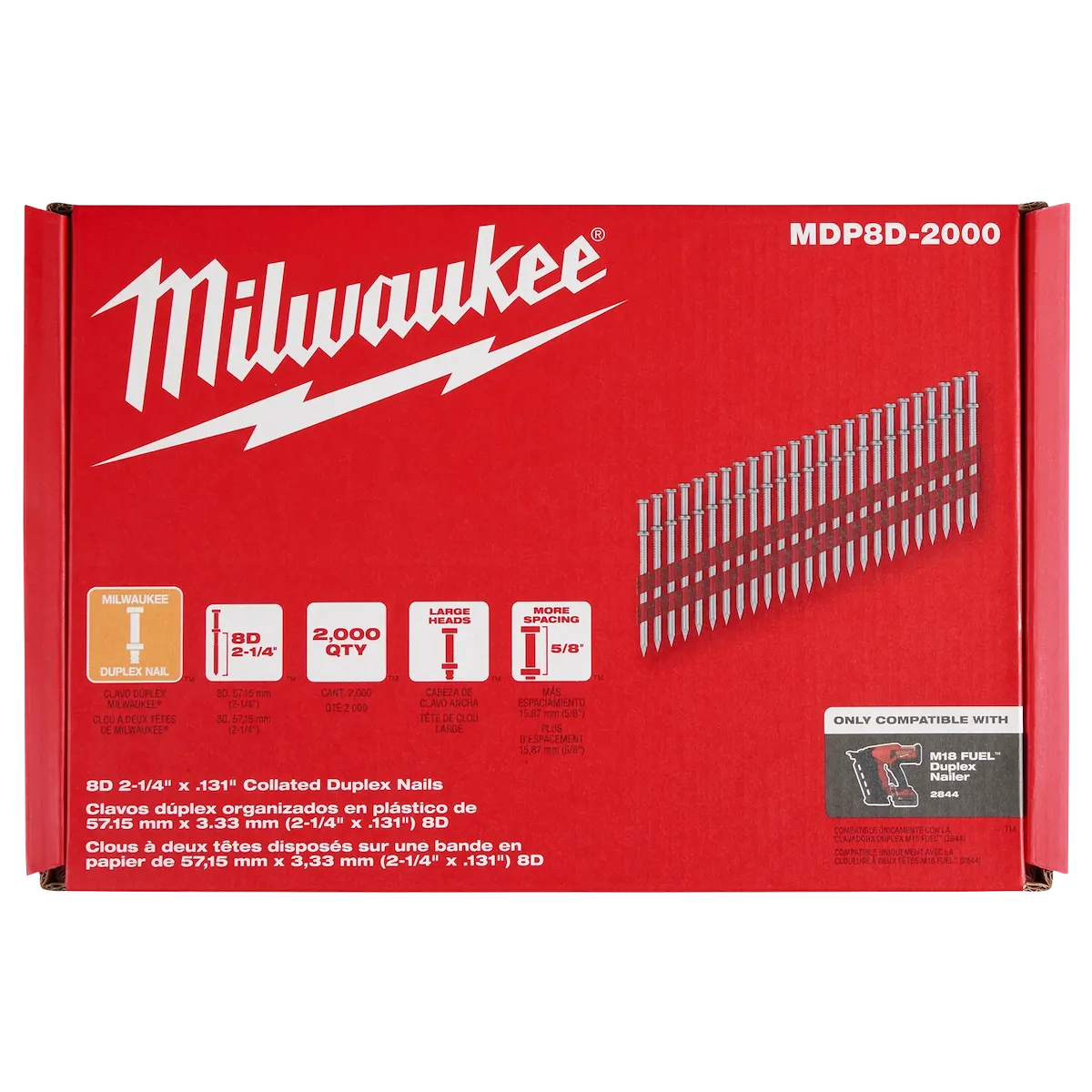 Milwaukee 8D 2-1/4” x .131” Collated Duplex Nails MDP8D-2000