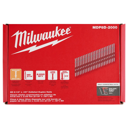 Milwaukee 8D 2-1/4” x .131” Collated Duplex Nails MDP8D-2000