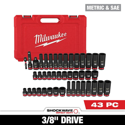 Milwaukee 43PC SHOCKWAVE Impact Duty 3/8" Drive SAE & Metric Deep 6 Point Socket Set 49-66-6139