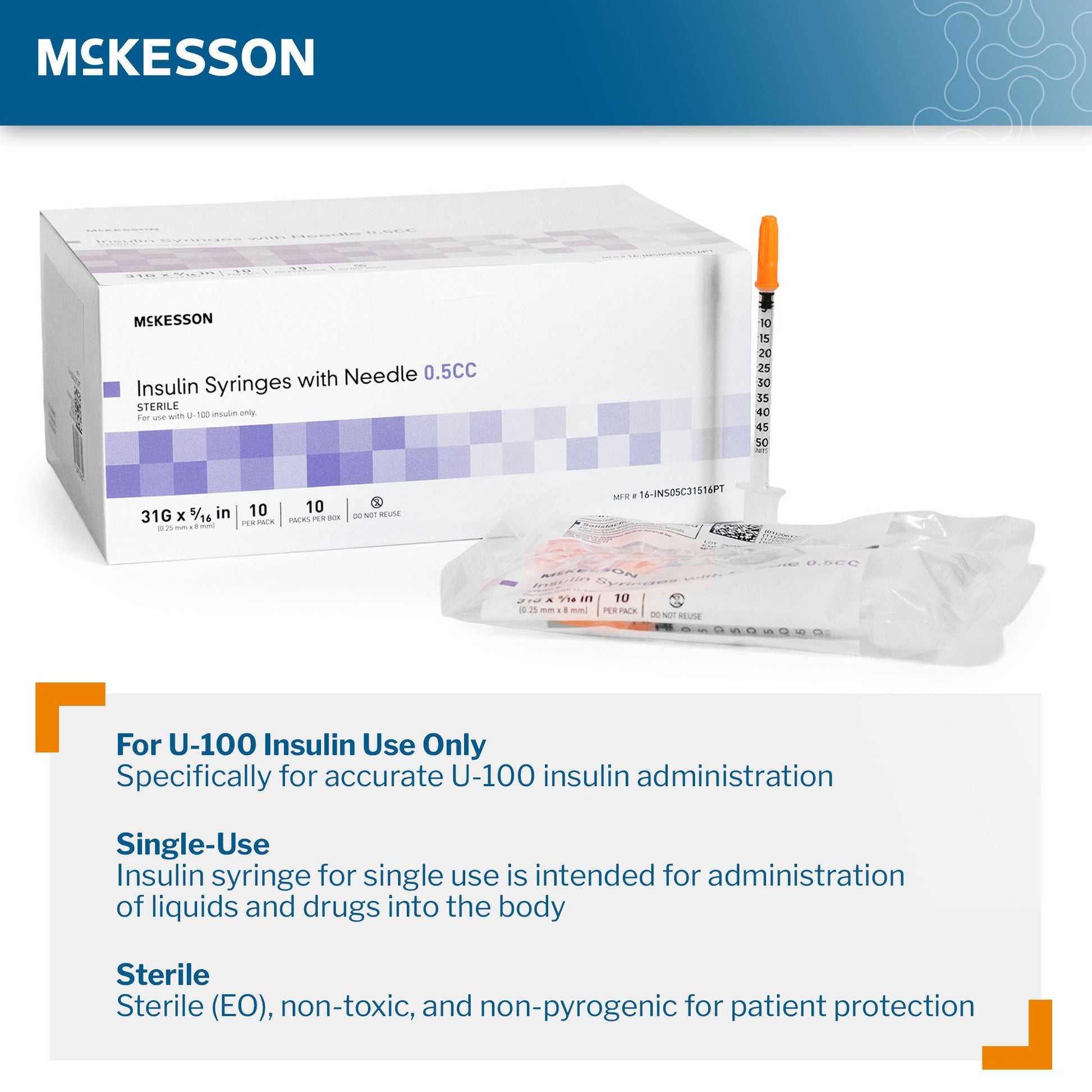 McKesson Standard Insulin Syringe with Needle 5/16 Inch 31 Gauge NonSafety