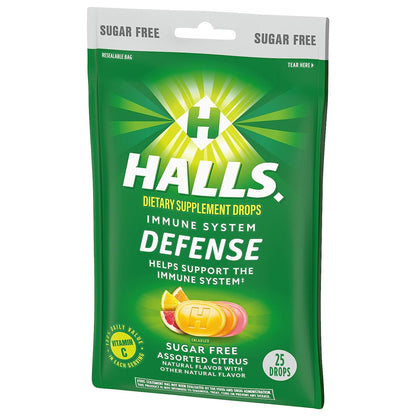 Halls Defense Dietary Supplement Drops Sugar Free Assorted Citrus