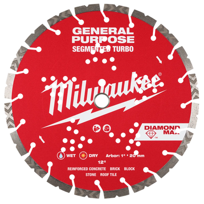 Milwaukee 12" DIAMOND MAX Segmented Turbo, General Purpose Diamond Blade 49-93-9012 | Diamond Coated