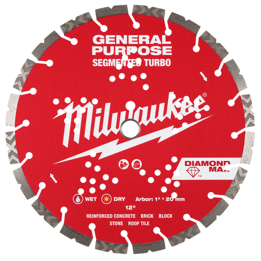 Milwaukee 12" DIAMOND MAX Segmented Turbo, General Purpose Diamond Blade 49-93-9012 | Diamond Coated