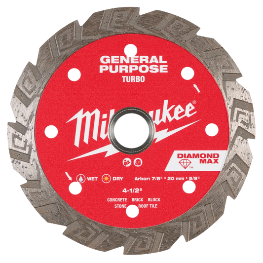 Milwaukee 4-1/2" DIAMOND MAX Turbo, General Purpose Diamond Blade 49-93-9104 | Diamond Coated