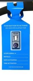 Pre-Printed Label Laboratory Use Blue Push Button to Activate Red Indicates Elasped Time Scope_Serial no_Date Activated_Time Activated_ White Biomedical Engineering Equipment Labels