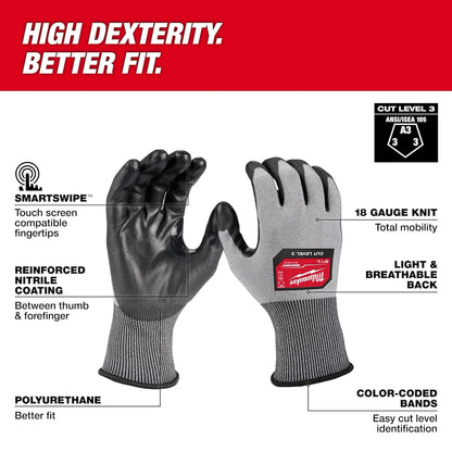 Milwaukee 12 Pair Cut Level 3 High Dexterity Polyurethane Dipped Gloves 48-73-8730B | ANSI Cut A3, 12-Piece