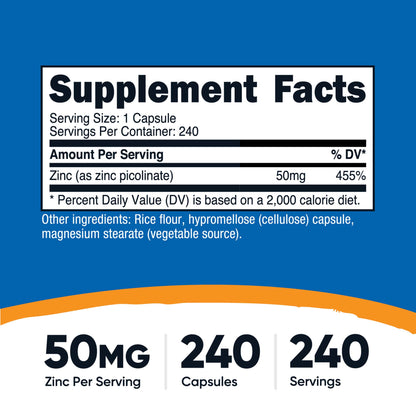 nutricost Dietary Supplement Zinc Picolinate 50 mg Strength Capsule