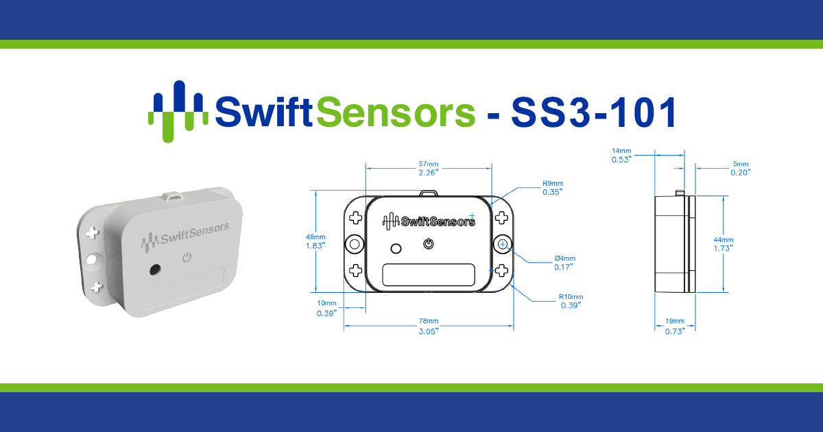 Swift Sensors SS3-101 dimensions: front, side and mounting-hole drawing