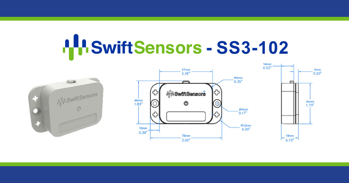 Swift Sensors SS3-102 dimensions: front, side and mounting-hole drawing