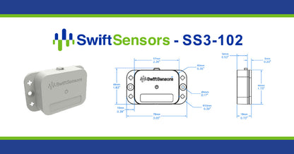 Swift Sensors SS3-102 dimensions: front, side and mounting-hole drawing