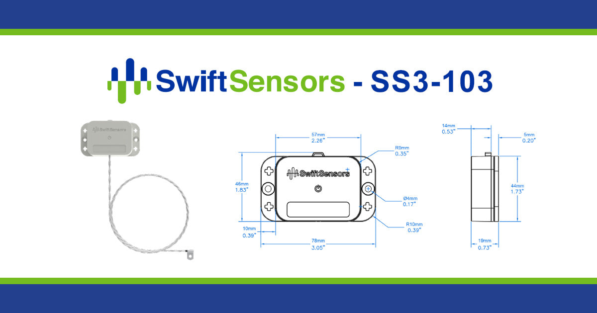 Swift Sensors SS3-103 dimensions: front, side and mounting-hole drawing