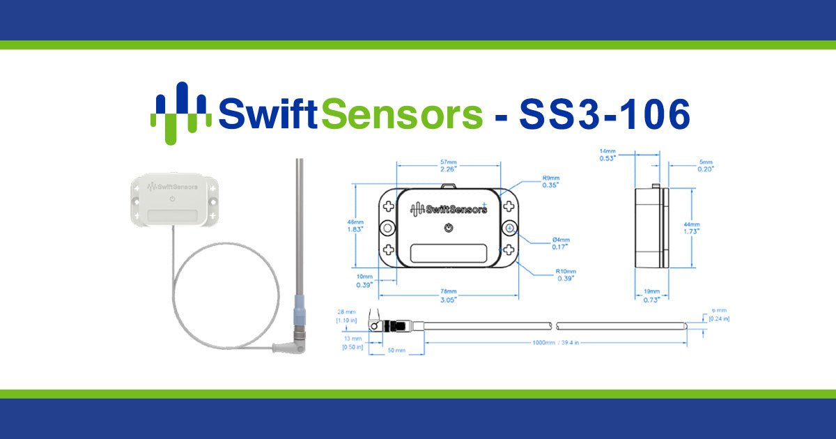 Swift Sensors SS3-106 series dimensions: base unit and high-temperature probe drawing