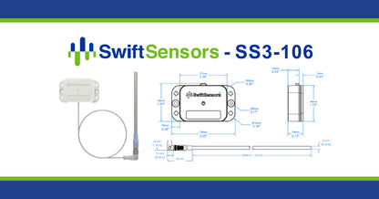 Swift Sensors SS3-106 series dimensions: base unit and high-temperature probe drawing