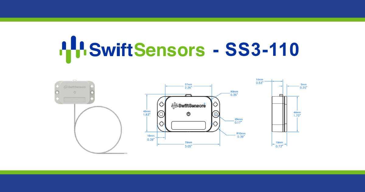 Swift Sensors SS3-110 dimensions: front, side and mounting-hole drawing