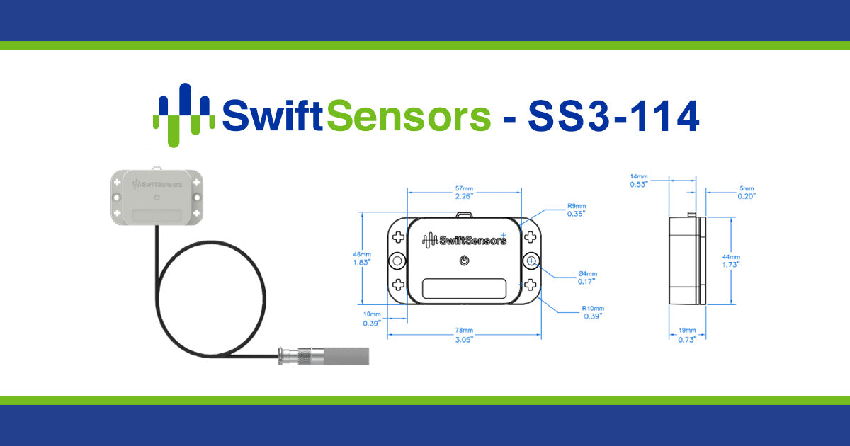 Swift Sensors SS3-114 dimensions: front, side and mounting-hole drawing