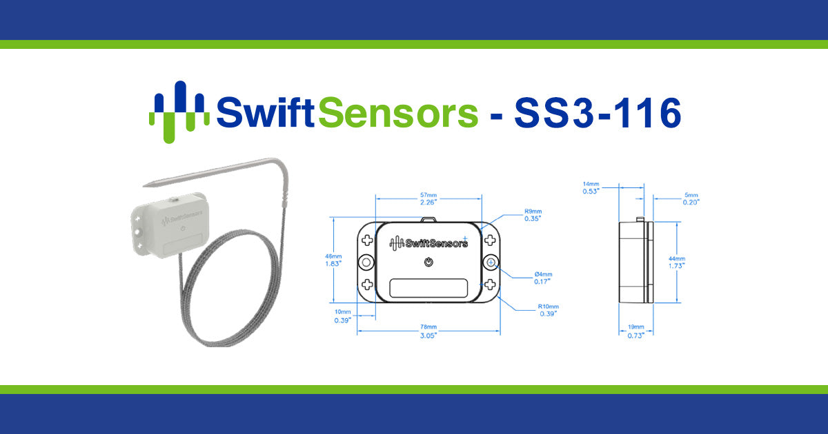 Swift Sensors SS3-116 dimensions: front, side and mounting-hole drawing