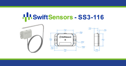Swift Sensors SS3-116 dimensions: front, side and mounting-hole drawing