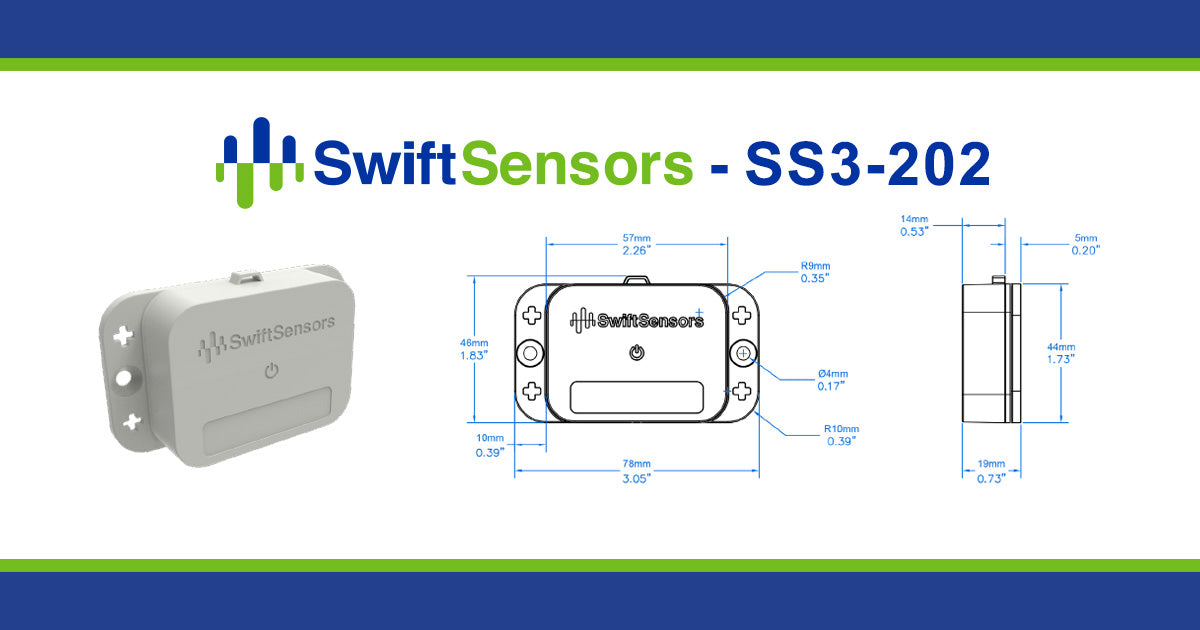 Swift Sensors SS3-202 dimensions: front, side and mounting-hole drawing