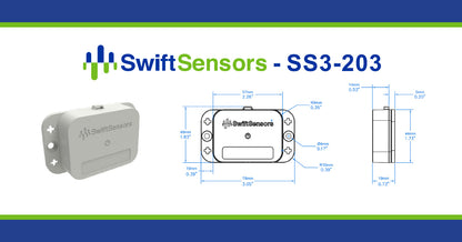Swift Sensors SS3-203 dimensions: front, side and mounting-hole drawing