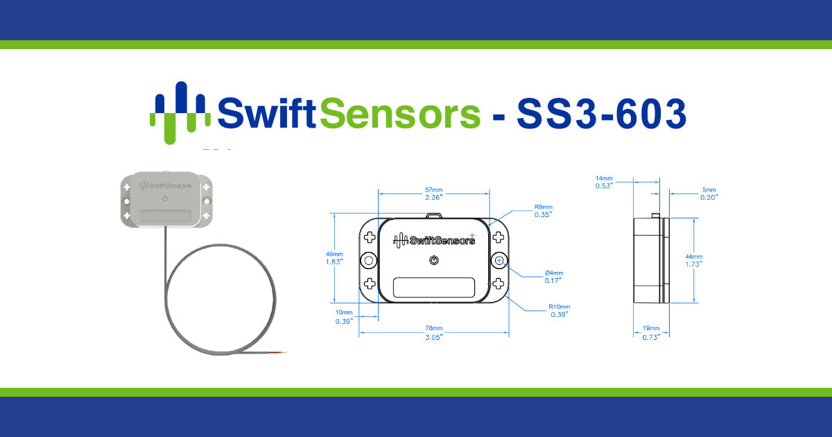 Swift Sensors SS3-603 dimensions: front, side and mounting-hole drawing
